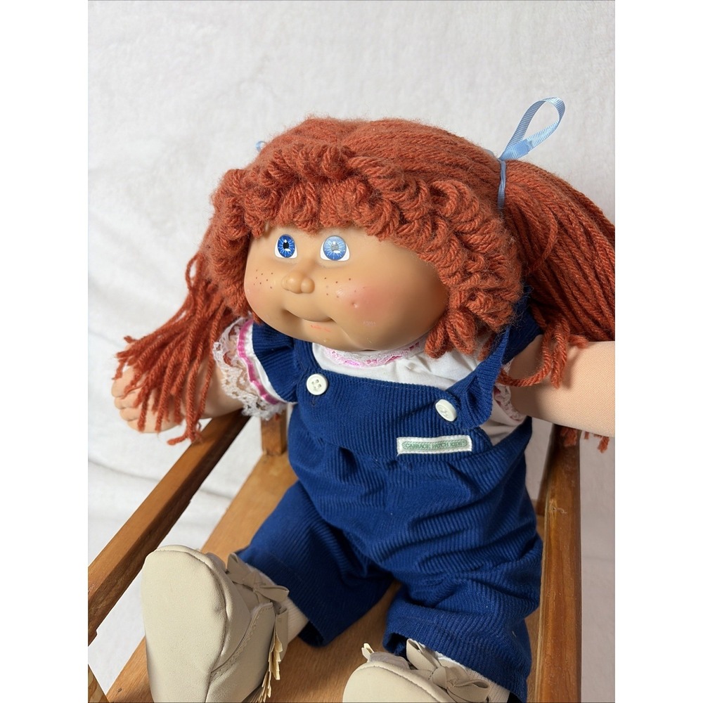 Cabbage patch 25th anniversary red hair freckles blue overalls Rustic Wood Chair - Picture 2 of 16